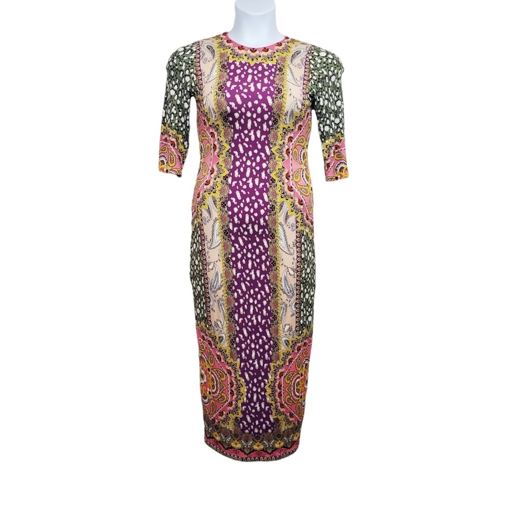 Alice + Olivia Desire Multicolor Delora Crewneck Fitted Midi Dress Size 6 NWT